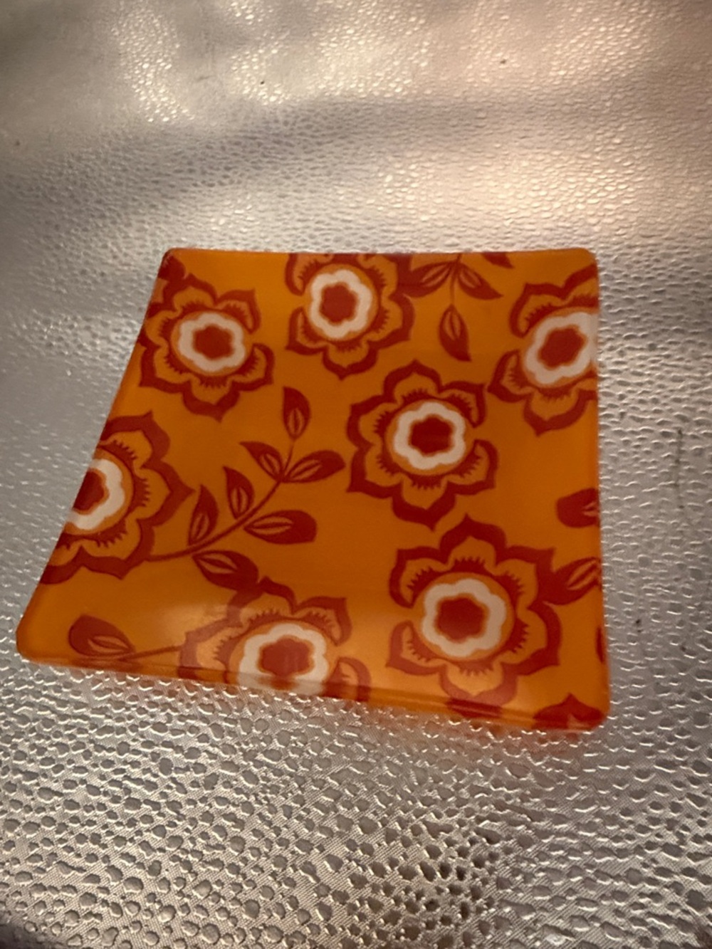Vintage 1970s Orange Floral Glass Accent Plate